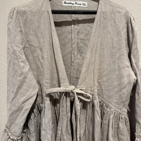 Linen Tie Front Shrug Wrap Cardigan Shepherds Frock One Size Beige Cover Up - Picture 2 of 6